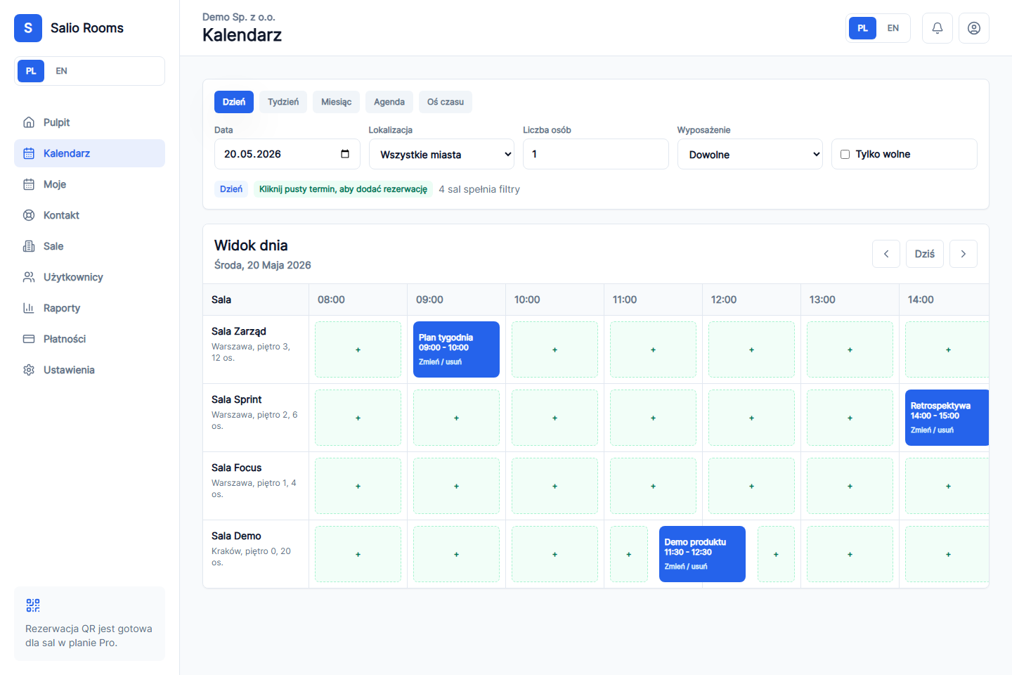 Salio Rooms calendar screen with meeting room availability