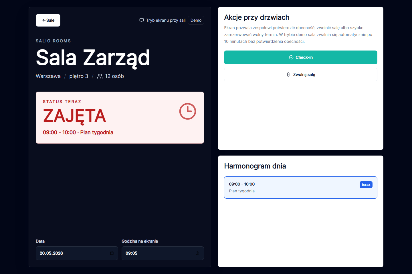 Ekran przy sali w Salio Rooms z harmonogramem i statusem zajętości